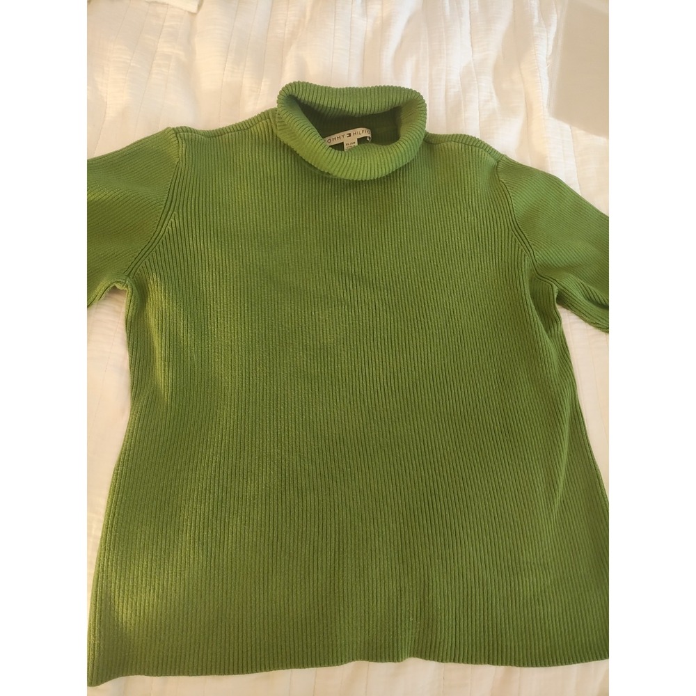 Vintage Tommy Hilfiger Women's XL Green Ribbed Turtleneck Sweater Cotton Blend